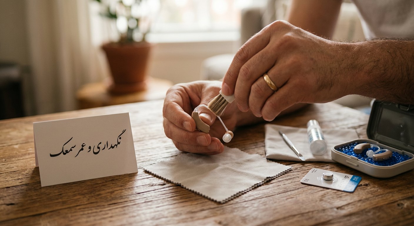 تصویر واقعی ابزار نگهداری سمعک شامل برس نرم، جعبه خشککن، باتری و دستگاه در حال تمیز شدن روی میز با نور طبیعی