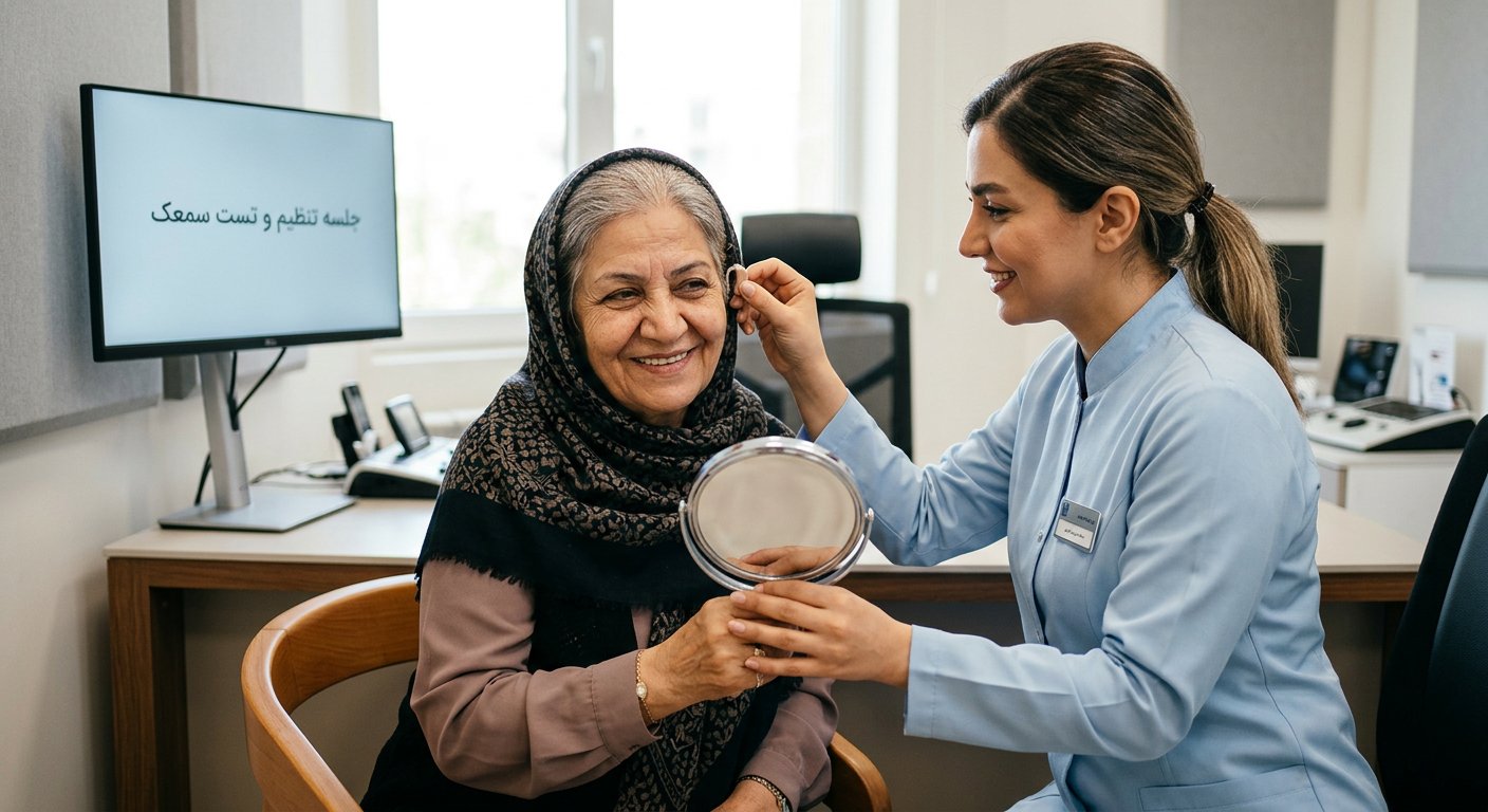 تصویر واقعی جلسه تست شنواییسنجی در کلینیک با استفاده از هدفون و دستگاه ادیومتر و متخصص در حال بررسی نتایج نوار گوش بیمار