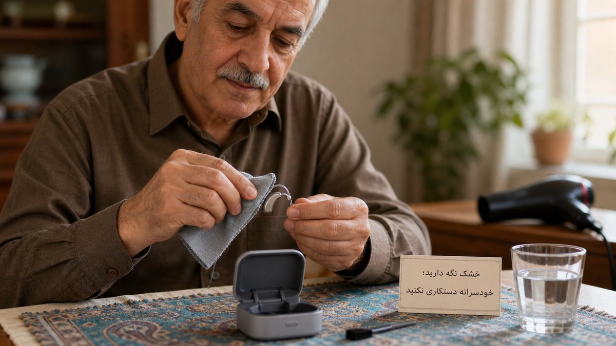 مرد سالمند ایرانی در حال تمیز کردن خشک سمعک کنار جعبه خشککن و آب دور از دستگاه