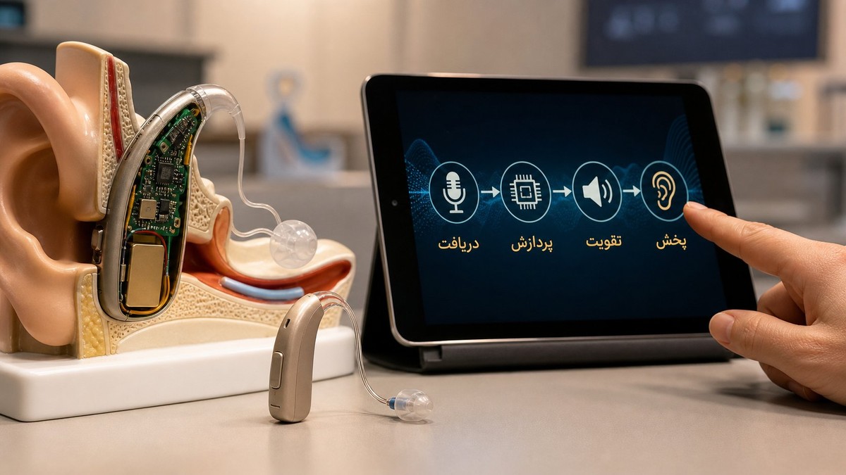 نمای واقعی اجزای سمعک دیجیتال و مسیر دریافت پردازش تقویت و پخش صدا