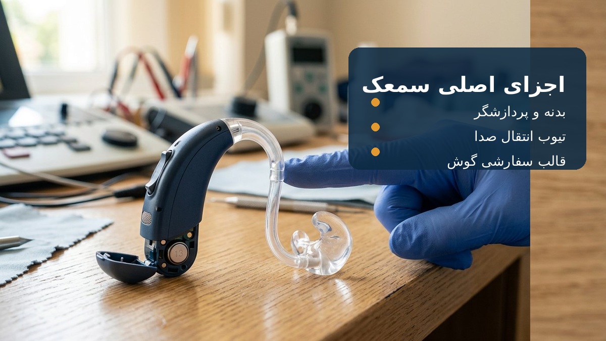 نمای نزدیک اجزای سمعک پشت گوشی شامل بدنه تیوب شفاف و قالب گوش