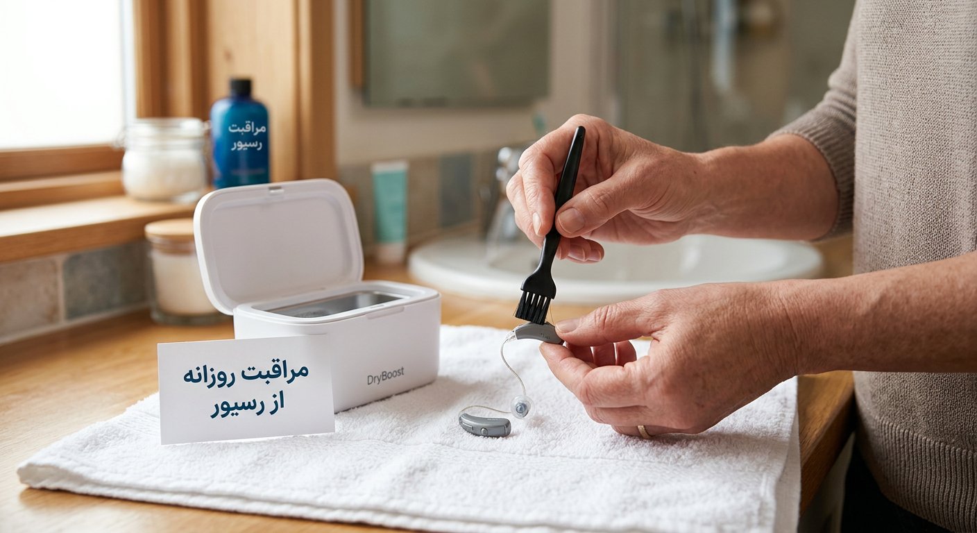 تمیز کردن روزانه رسیور سمعک ریک با برس مخصوص کنار جعبه رطوبتگیر روی حوله سفید برای جلوگیری از آسیب جرم و رطوبت گوش