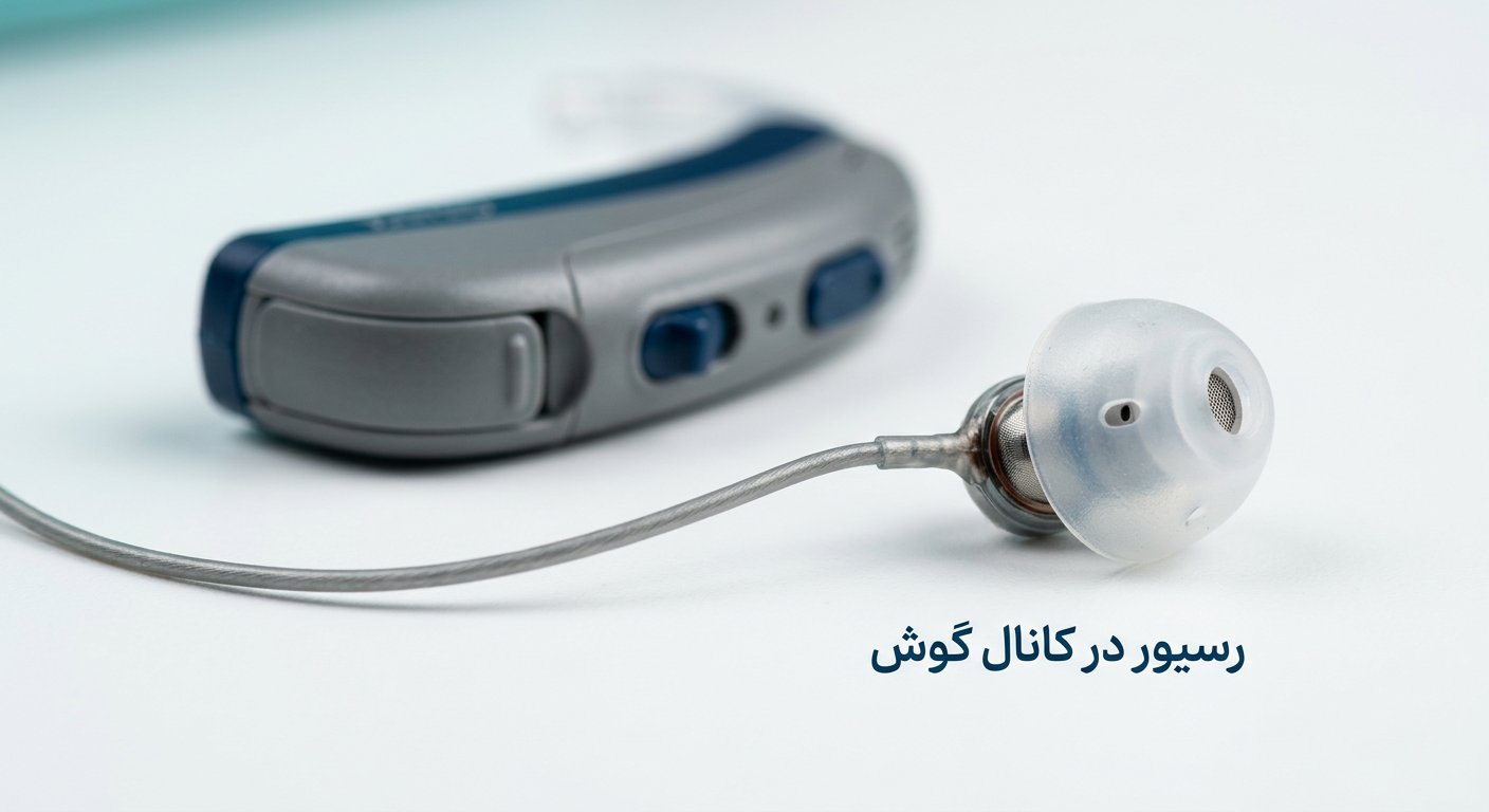 نمای نزدیک از اجزای سمعک ریک شامل بدنه خاکستری آبی سیم نازک رسانا و رسیور با دام سیلیکونی نرم برای داخل کانال گوش